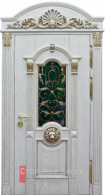 Стальная дверь Арочная входная дверь с ковкой и стеклом (патина) №362 с отделкой Массив дуба